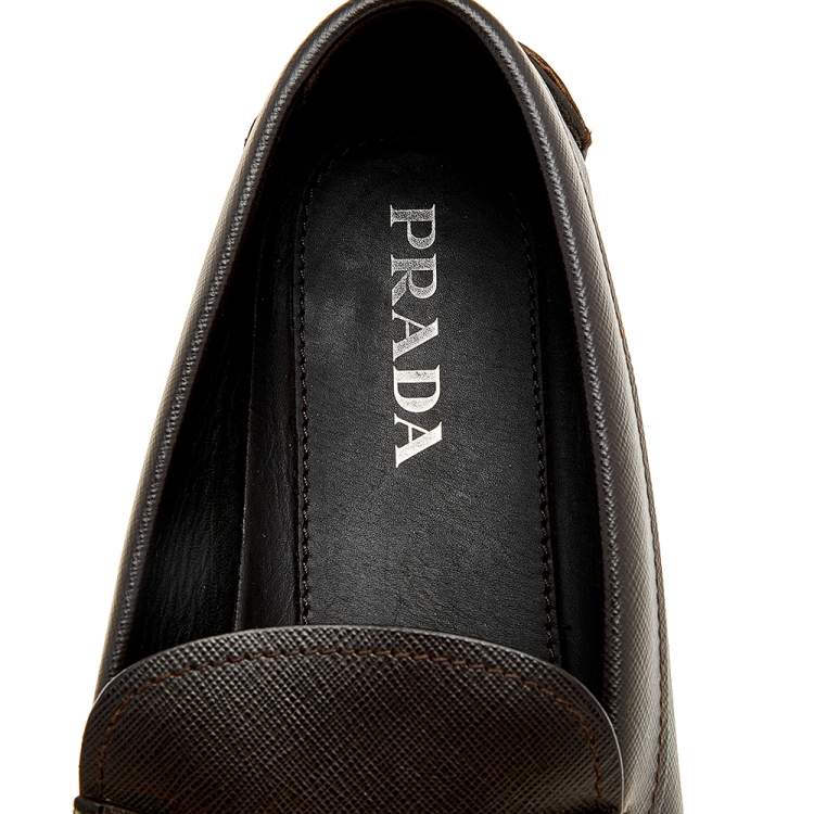 Pre Owned Prada Brown Saffiano Leather And Crocodile Leather Penny Slip On Loafers Size 44