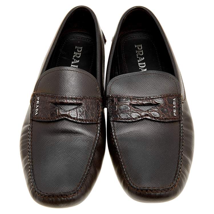 Pre Owned Prada Brown Saffiano Leather And Crocodile Leather Penny Slip On Loafers Size 44
