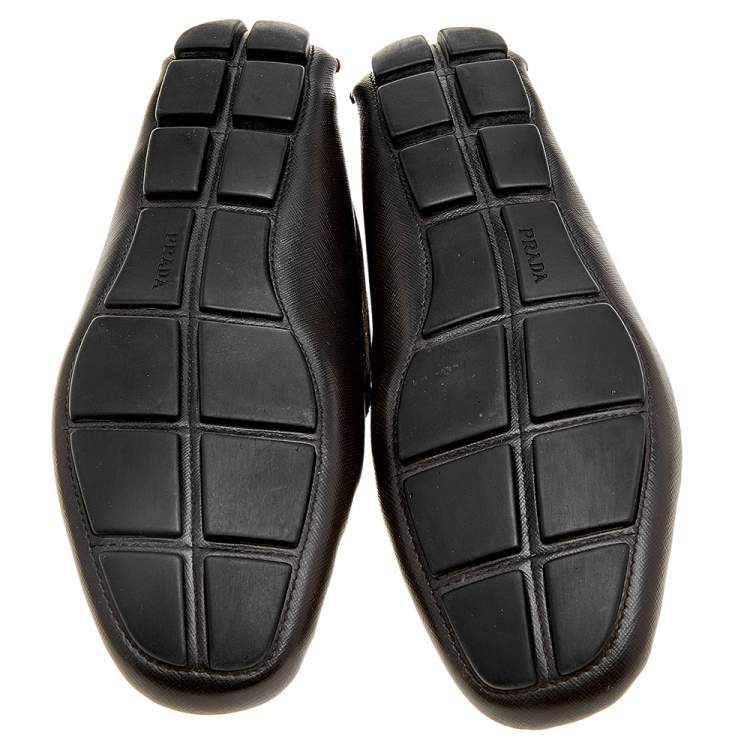 Pre Owned Prada Brown Saffiano Leather And Crocodile Leather Penny Slip On Loafers Size 44