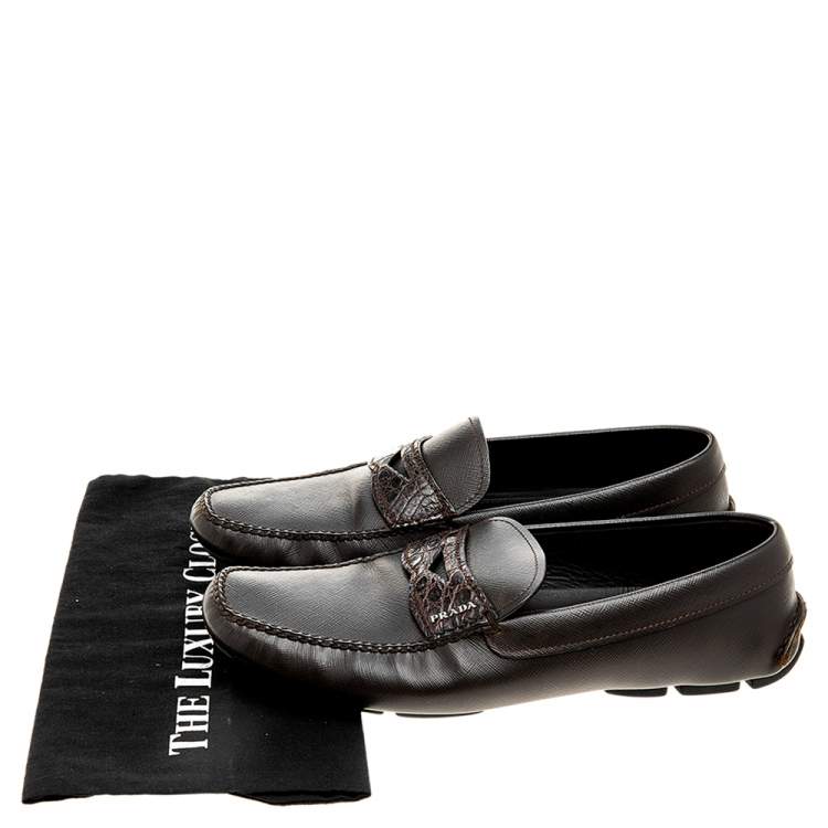 Pre Owned Prada Brown Saffiano Leather And Crocodile Leather Penny Slip On Loafers Size 44