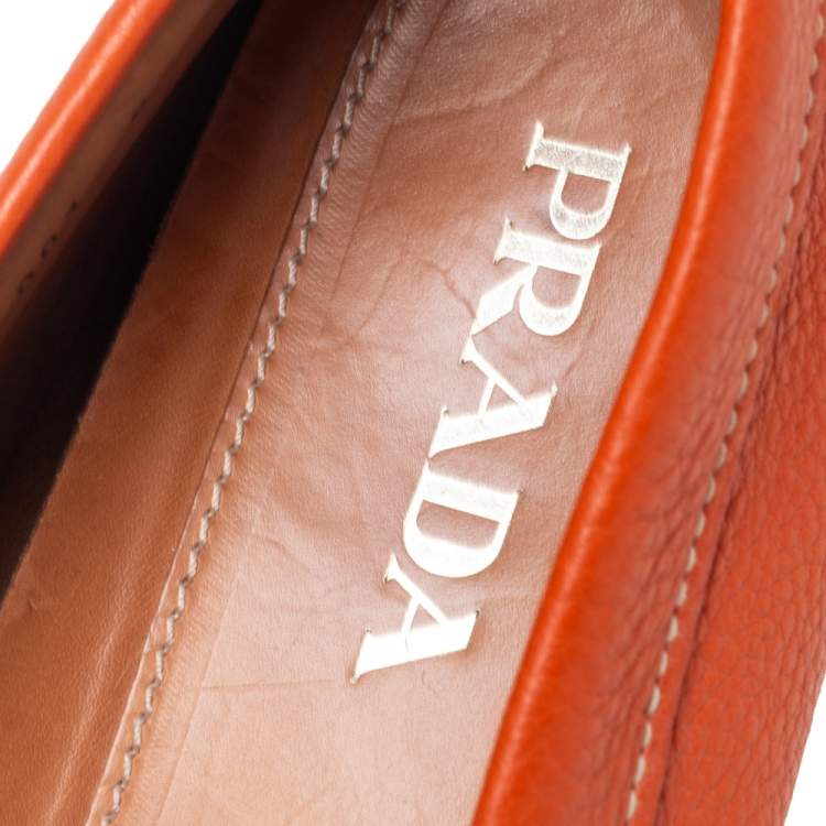 Pre Owned Prada Orange Leather Slip On Loafers Size 42