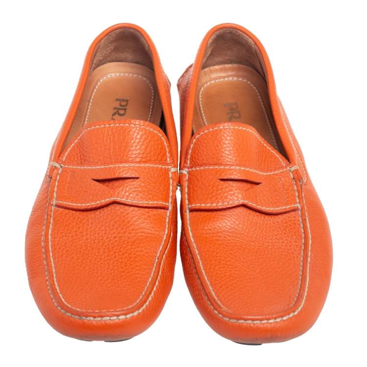 Pre Owned Prada Orange Leather Slip On Loafers Size 42