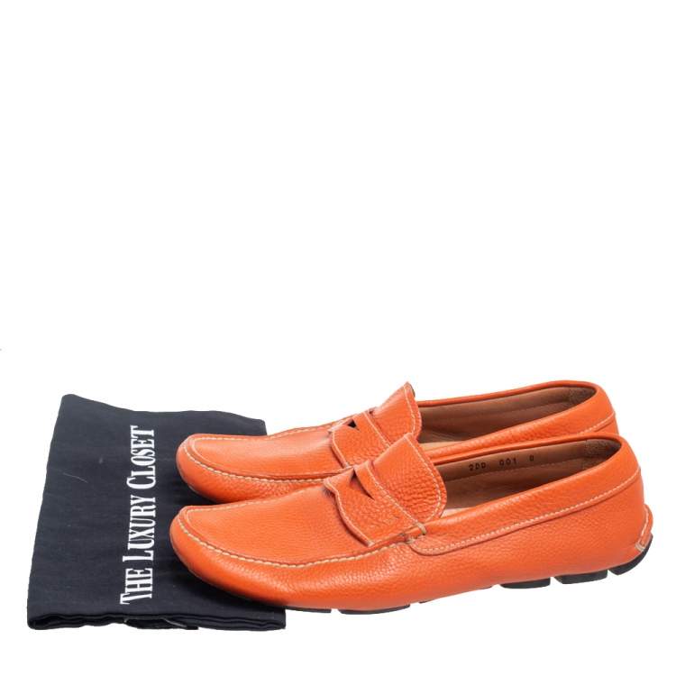 Pre Owned Prada Orange Leather Slip On Loafers Size 42