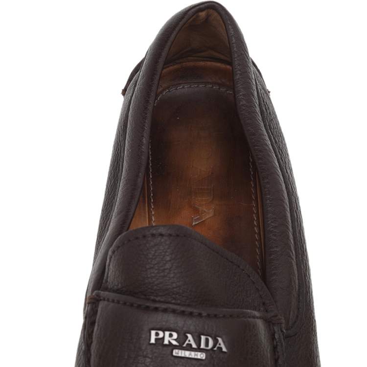 Pre Owned Prada Brown Leather Slip On Loafers Size 42.5
