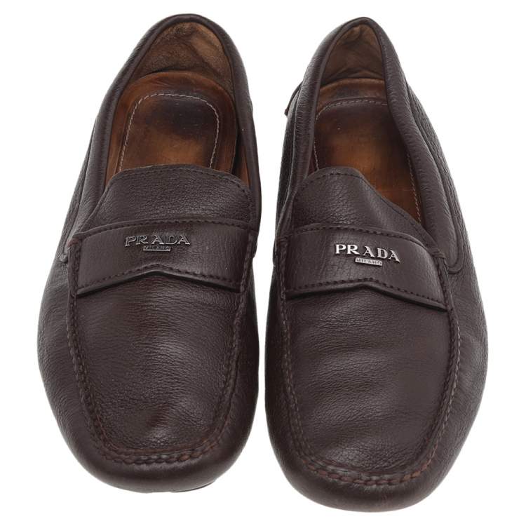 Pre Owned Prada Brown Leather Slip On Loafers Size 42.5