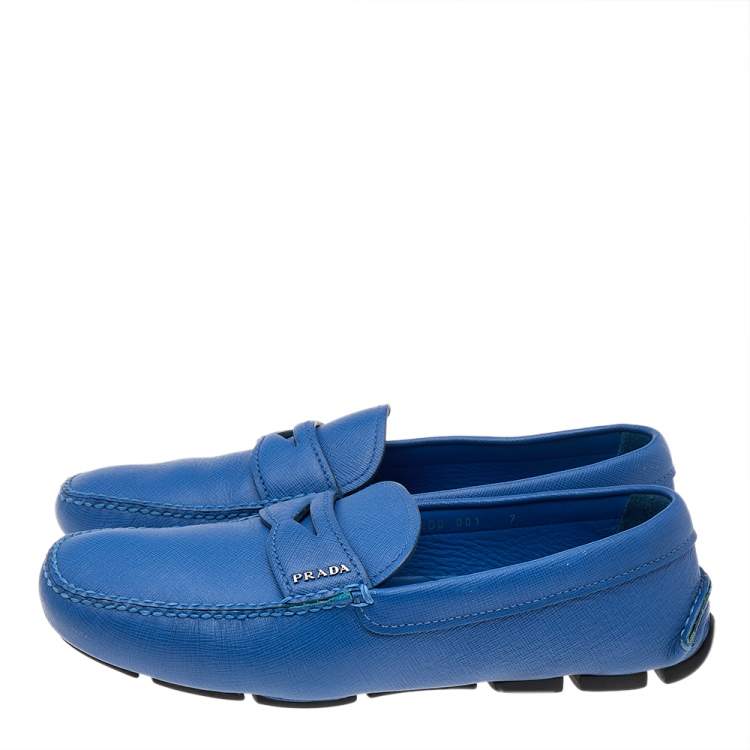 Pre Owned Prada Blue Leather Slip On Loafers Size 41