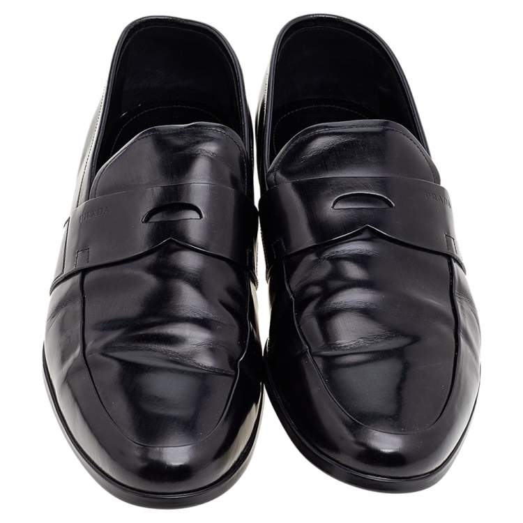 Pre Owned Prada Black Leather Slip on Loafers Size 45