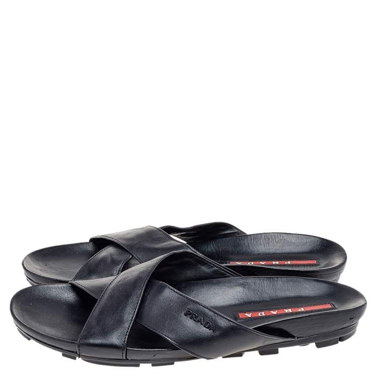 Pre Owned Prada Black Leather Crisscross Sandals Size 42