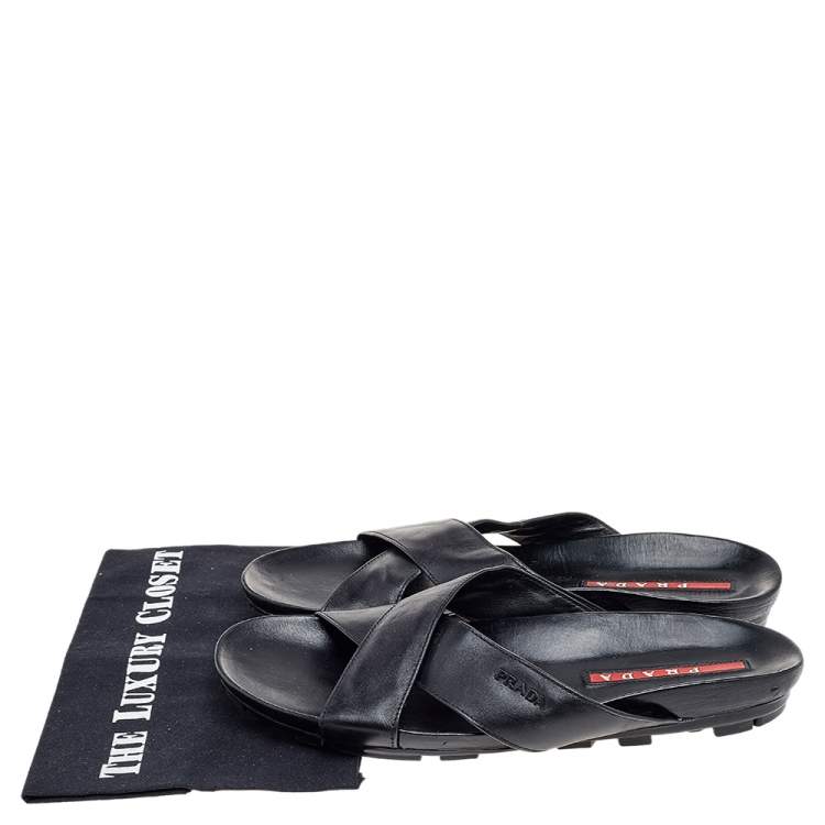 Pre Owned Prada Black Leather Crisscross Sandals Size 42