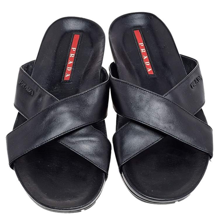 Pre Owned Prada Black Leather Crisscross Sandals Size 42