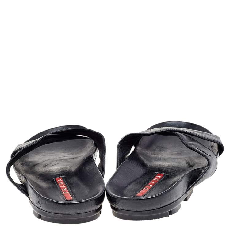 Pre Owned Prada Black Leather Crisscross Sandals Size 42