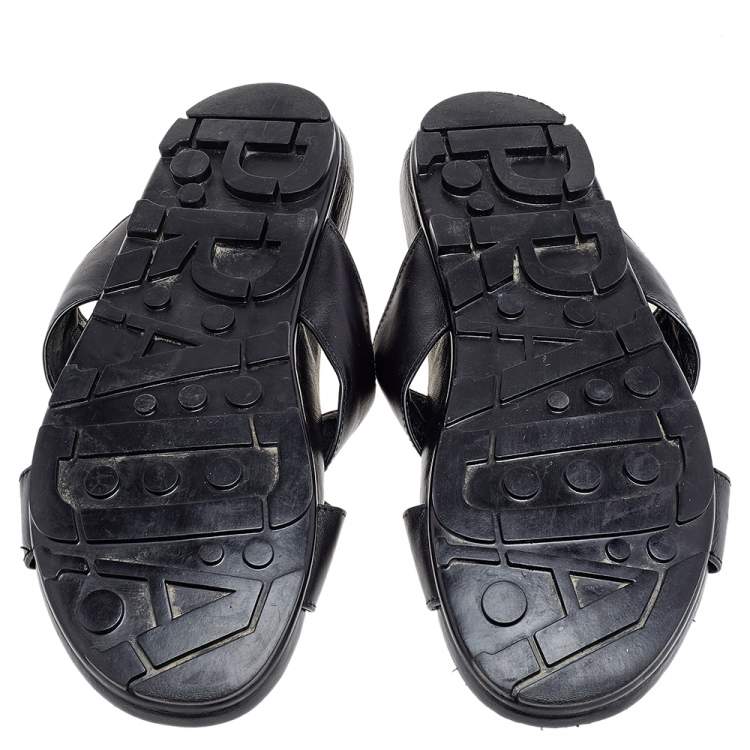 Pre Owned Prada Black Leather Crisscross Sandals Size 42