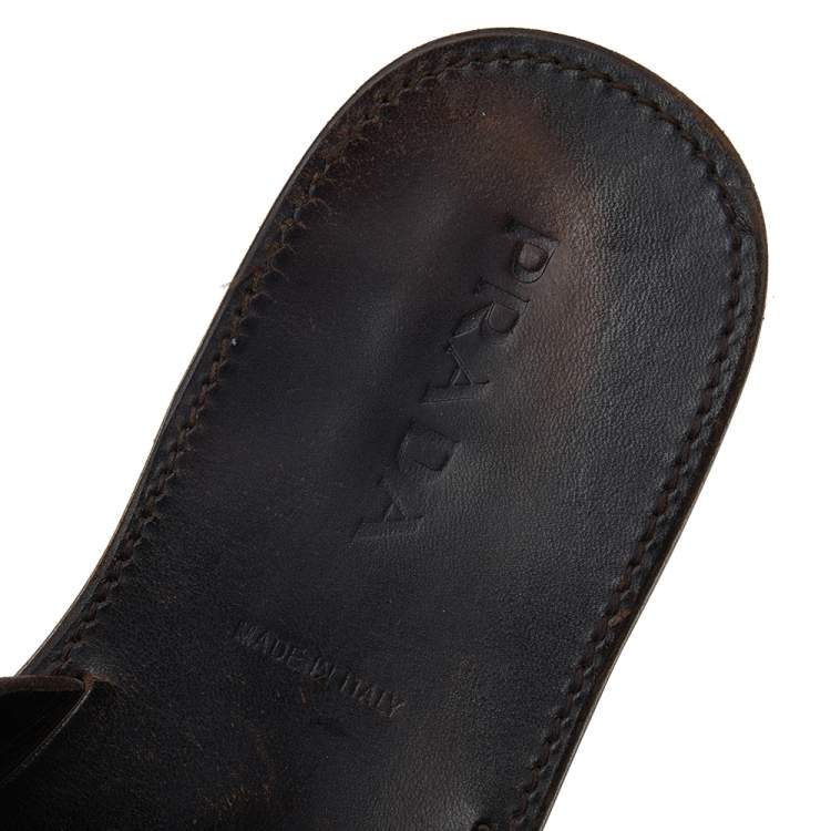Pre Owned Prada Dark Brown Leather Slide Flat Sandals Size 43