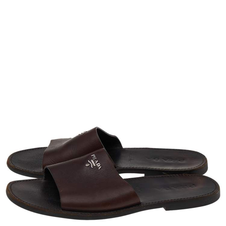 Pre Owned Prada Dark Brown Leather Slide Flat Sandals Size 43