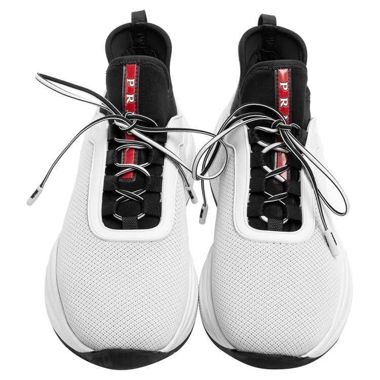 Pre Owned Prada White/Black Knit Fabric Low Top Sneakers Size 39