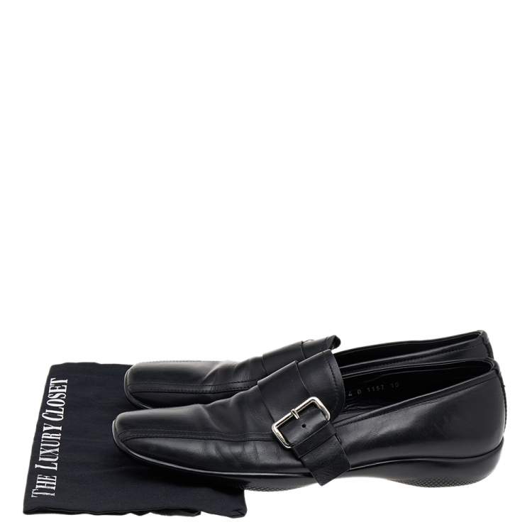 Pre Owned Prada Black Leather Buckle Slip On Loafers Size 44