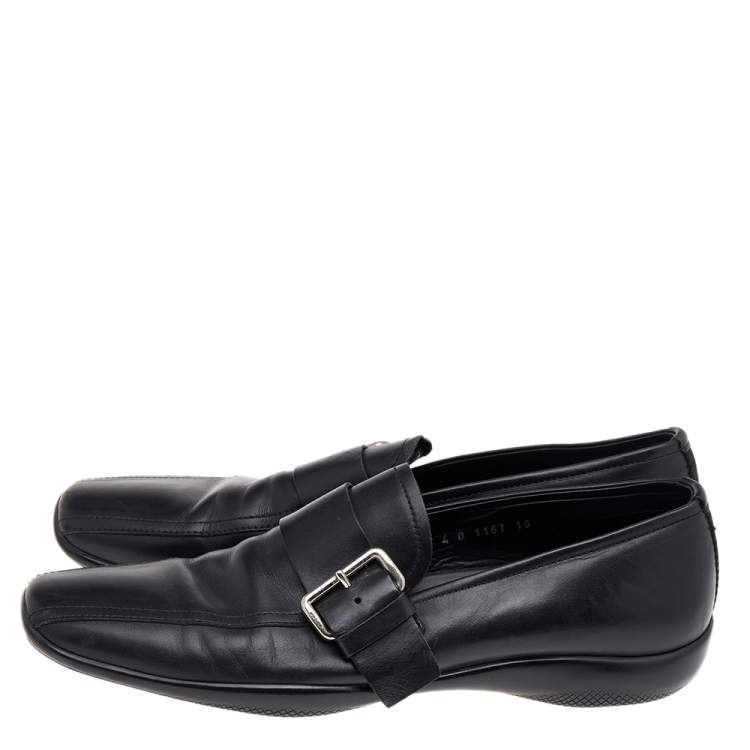 Pre Owned Prada Black Leather Buckle Slip On Loafers Size 44