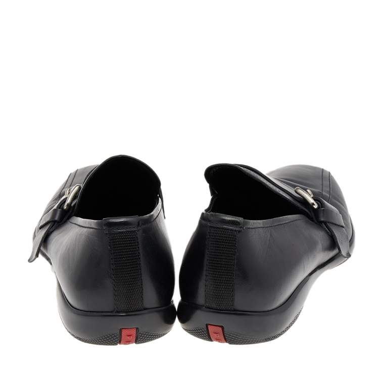 Pre Owned Prada Black Leather Buckle Slip On Loafers Size 44