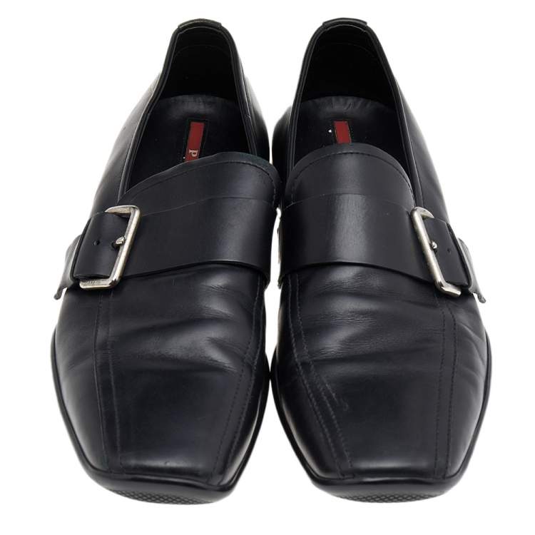 Pre Owned Prada Black Leather Buckle Slip On Loafers Size 44