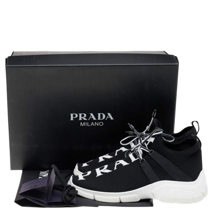 Pre Owned Prada Black Logo Knit Fabric Low Top Sneakers Size 39