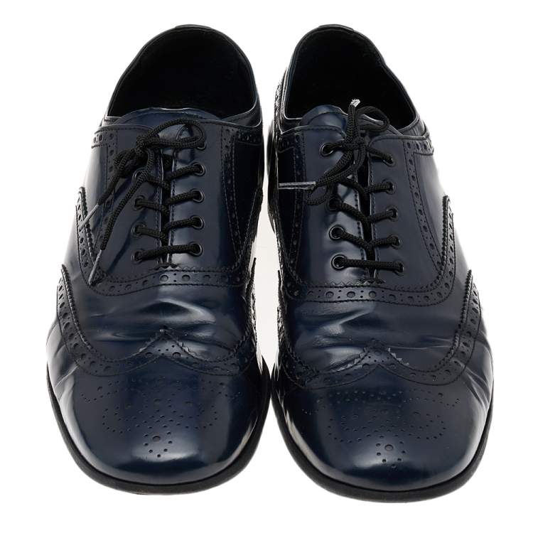 Pre Owned Prada Navy Blue Brogue Leather Lace Up Oxfords Size 44