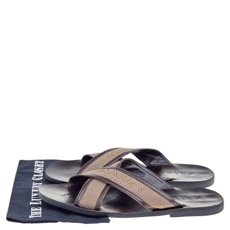 Pre Owned Prada Dark Brown/Beige Leather And Canvas Criss Cross Flat Slide Sandals Size 44