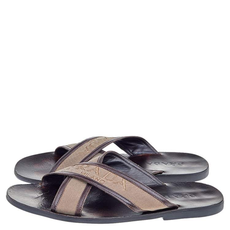 Pre Owned Prada Dark Brown/Beige Leather And Canvas Criss Cross Flat Slide Sandals Size 44