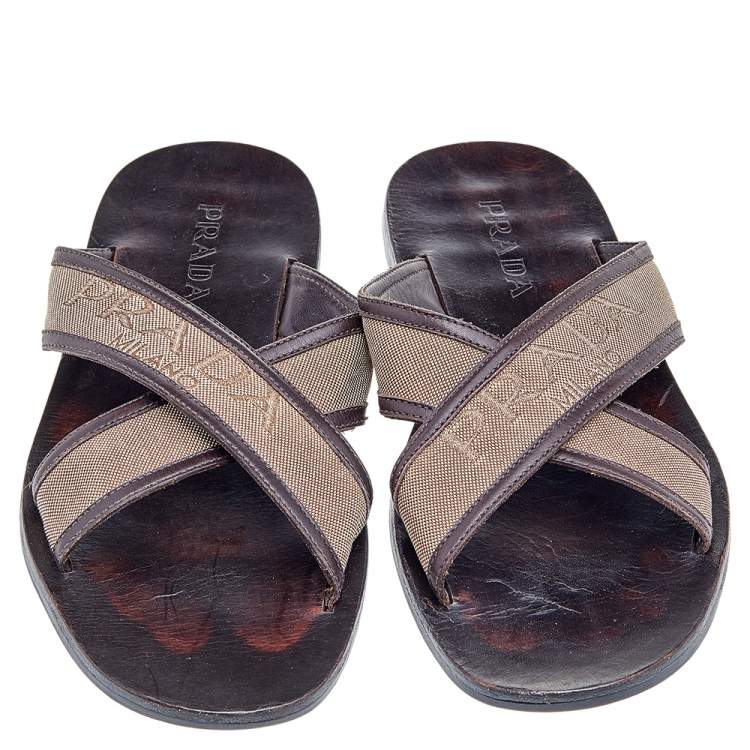 Pre Owned Prada Dark Brown/Beige Leather And Canvas Criss Cross Flat Slide Sandals Size 44