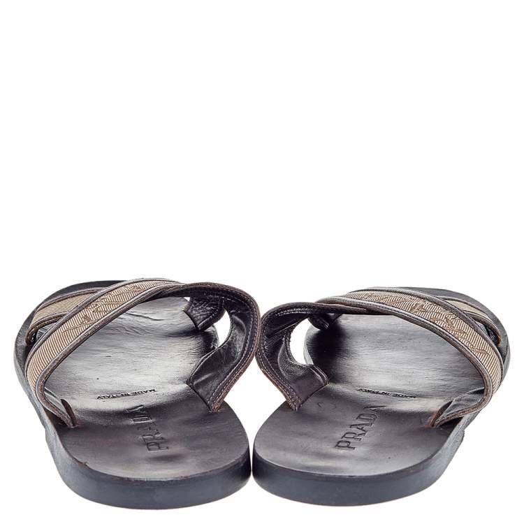 Pre Owned Prada Dark Brown/Beige Leather And Canvas Criss Cross Flat Slide Sandals Size 44