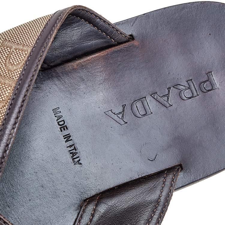 Pre Owned Prada Dark Brown/Beige Leather And Canvas Criss Cross Flat Slide Sandals Size 44