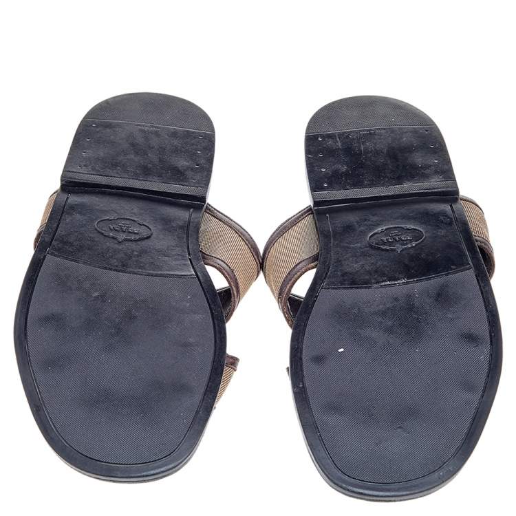 Pre Owned Prada Dark Brown/Beige Leather And Canvas Criss Cross Flat Slide Sandals Size 44