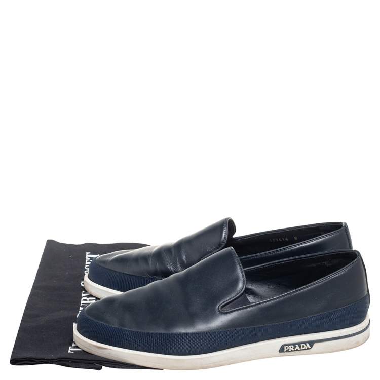 Pre Owned Prada Navy  Blue Leather Slip On Sneakers Size 42