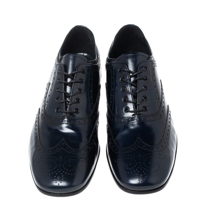 Pre Owned Prada Dark Navy Blue Brogue Leather Oxfords Size 43.5