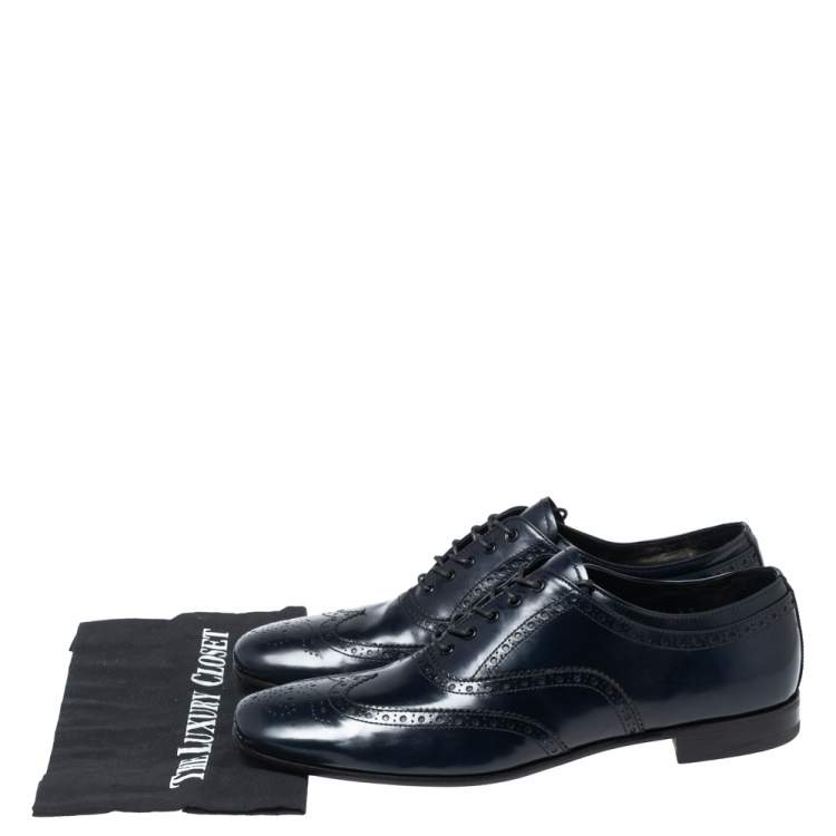 Pre Owned Prada Dark Navy Blue Brogue Leather Oxfords Size 43.5