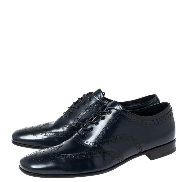 Pre Owned Prada Dark Navy Blue Brogue Leather Oxfords Size 43.5