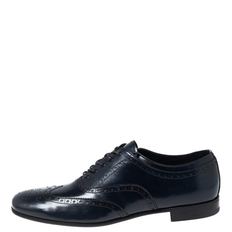 Pre Owned Prada Dark Navy Blue Brogue Leather Oxfords Size 43.5