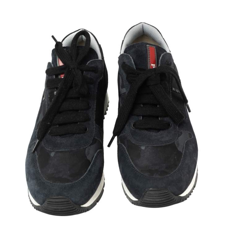 Pre Owned Prada Navy Blue Camouflage Canvas And Suede Sneakers Size 37.5