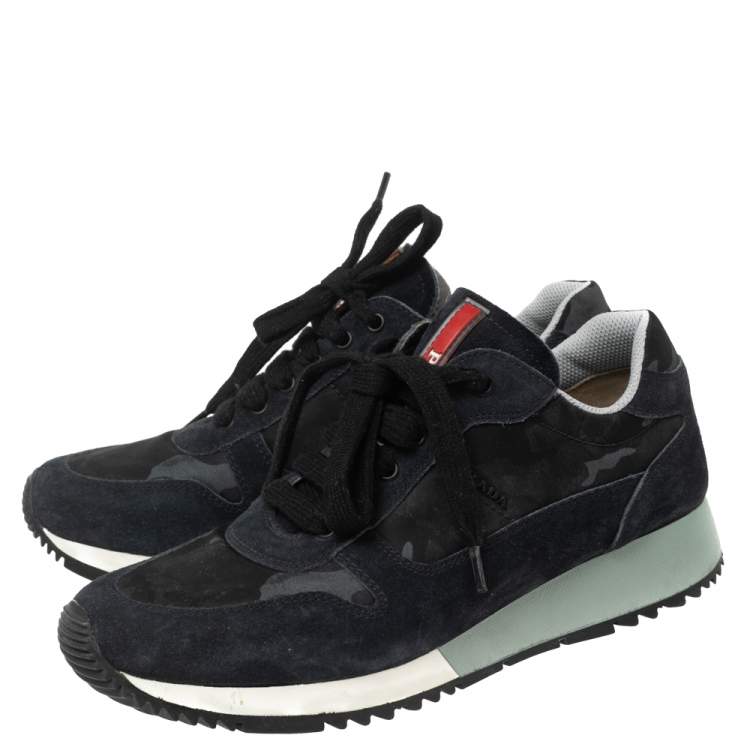 Pre Owned Prada Navy Blue Camouflage Canvas And Suede Sneakers Size 37.5