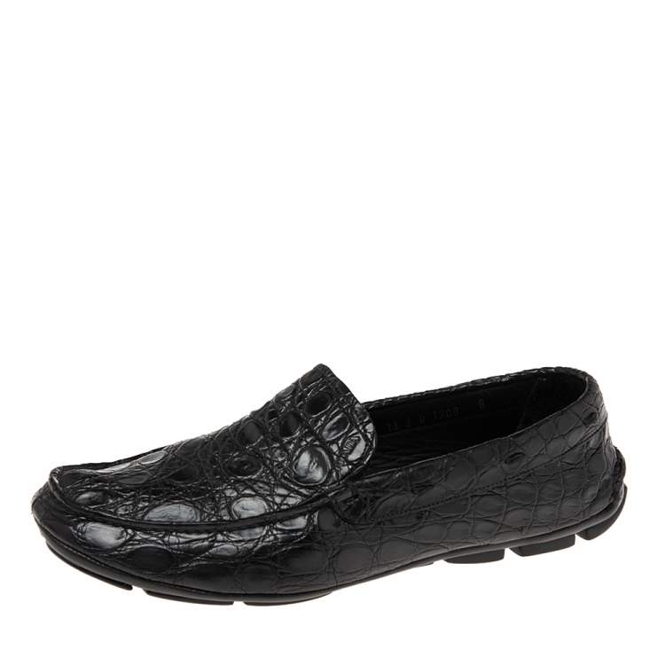 Pre Owned Prada Black Crocodile Leather Slip On Loafers Size 42