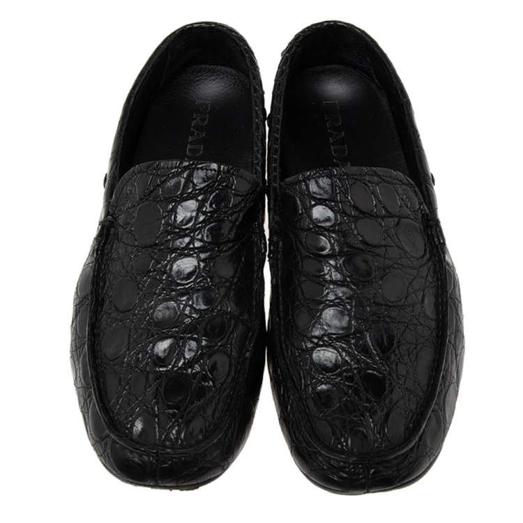 Pre Owned Prada Black Crocodile Leather Slip On Loafers Size 42
