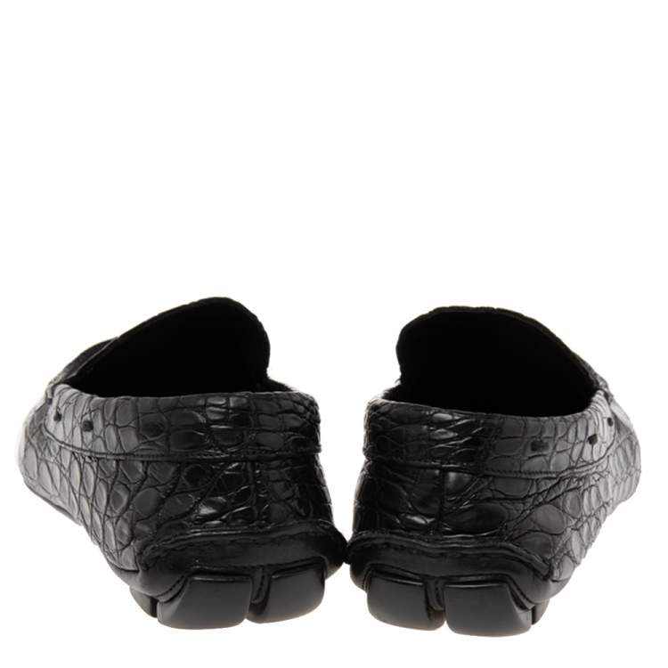 Pre Owned Prada Black Crocodile Leather Slip On Loafers Size 42