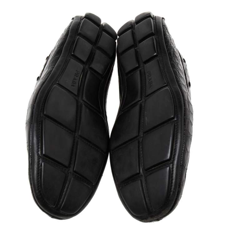 Pre Owned Prada Black Crocodile Leather Slip On Loafers Size 42