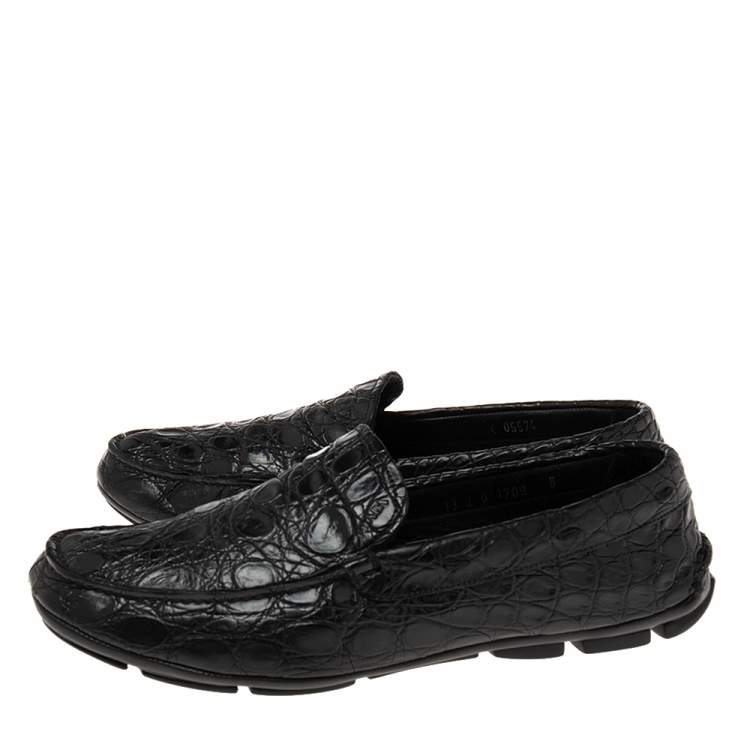 Pre Owned Prada Black Crocodile Leather Slip On Loafers Size 42