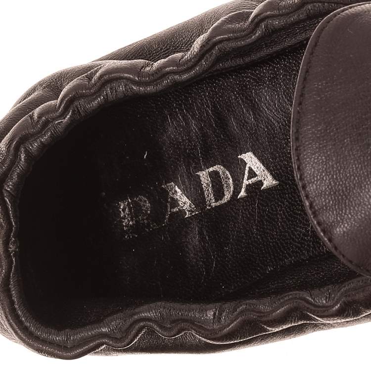 Pre Owned Prada Dark Brown Leather Scrunch Slip On Loafers Size 39.5