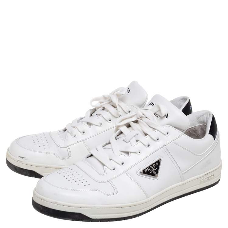 Pre Owned Prada White Leather Downtown Low-Top Sneakers Size 45.5