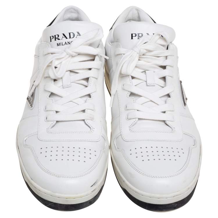 Pre Owned Prada White Leather Downtown Low-Top Sneakers Size 45.5