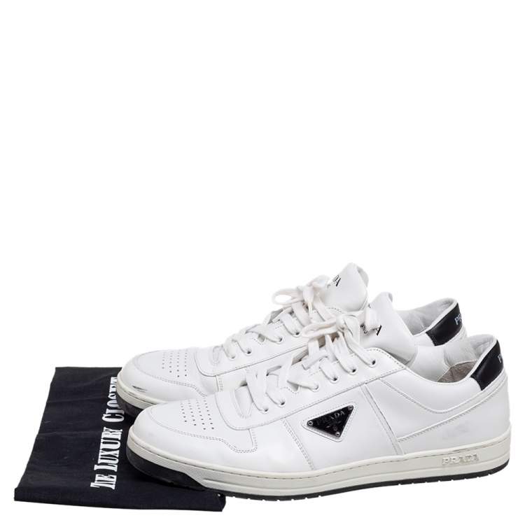 Pre Owned Prada White Leather Downtown Low-Top Sneakers Size 45.5