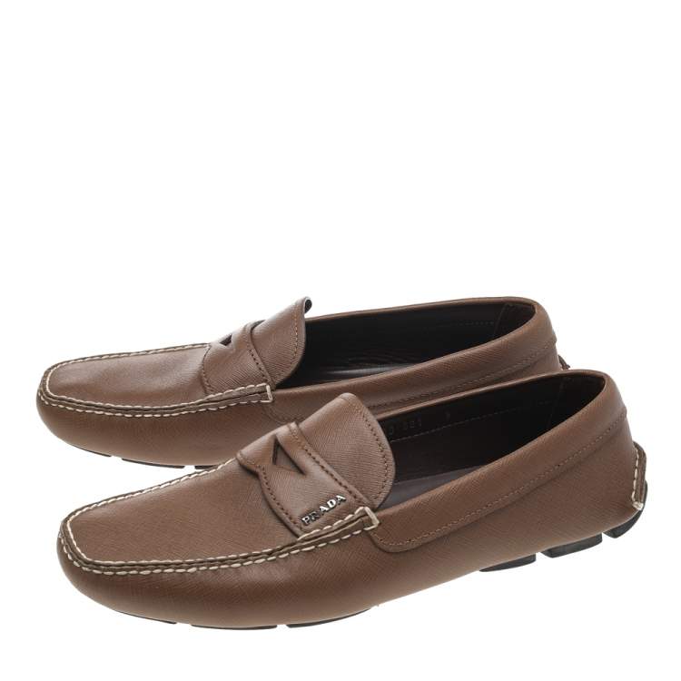 Pre Owned Prada Brown Leather Slip On Driving Loafers Size 43