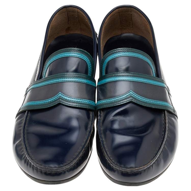Pre Owned Prada Dark Blue Leather Penny Sip On Loafers Size 43.5