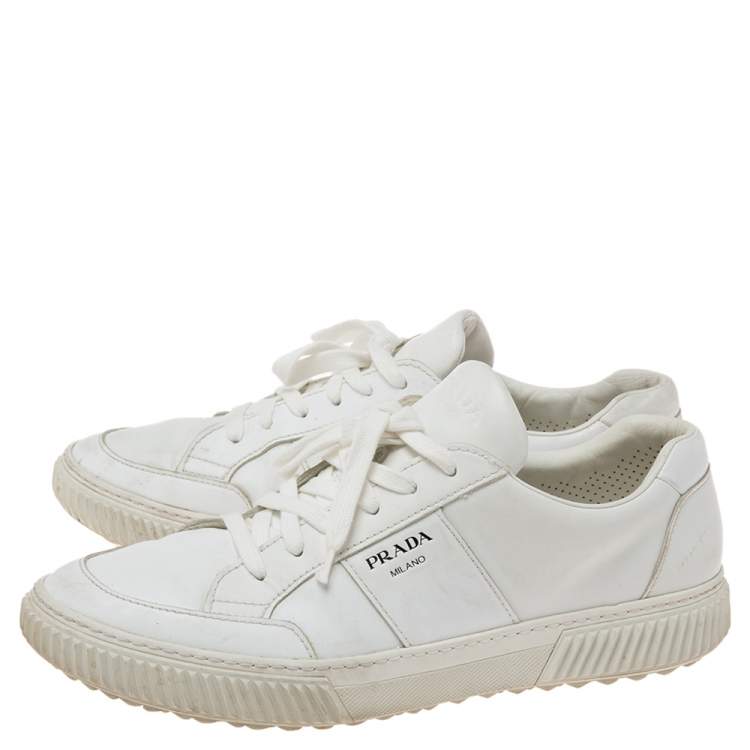 Pre Owned Prada White Leather Low-Top Sneakers Size 45.5